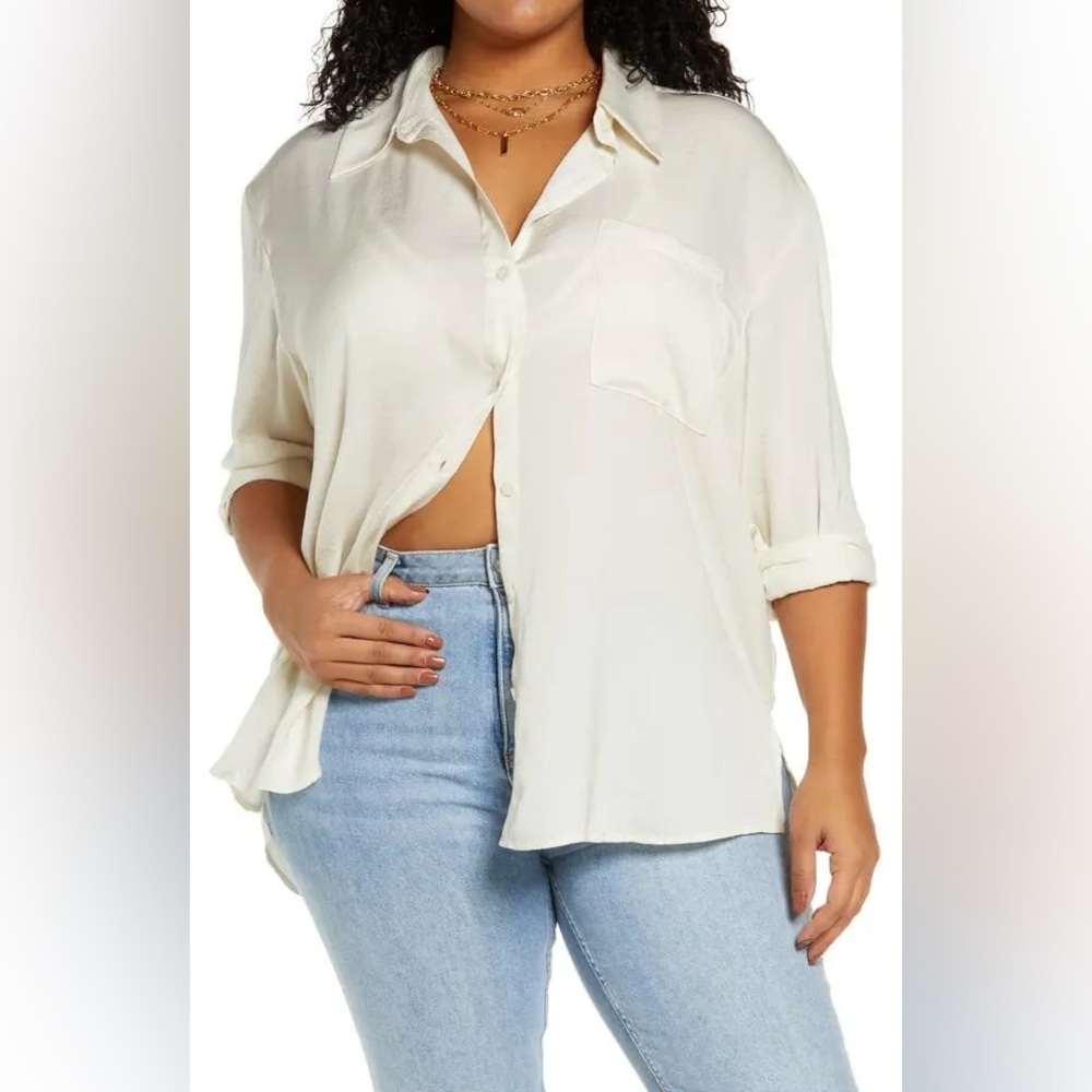 NWOT Open Edit Button-Up Satin Shirt.